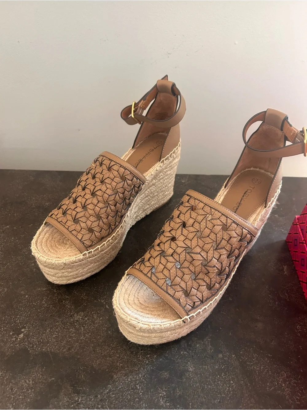 Tory Burch Brown Woven Espadrille Ankle-Strap Wedge Sandals